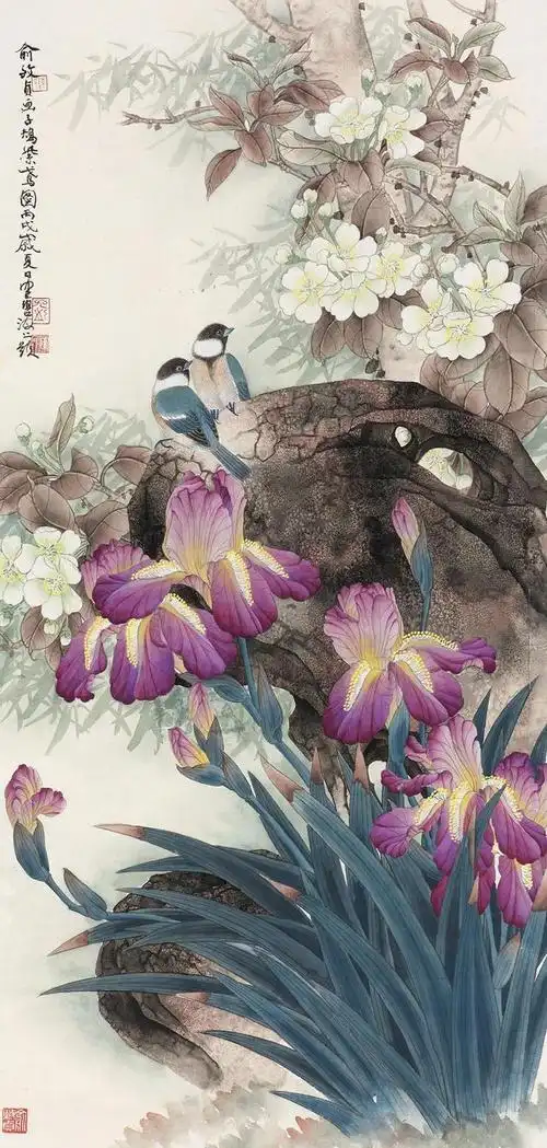 俞致贞 工笔花鸟《子鴂紫鸢图》