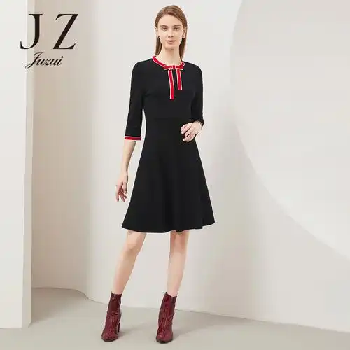 juzui玖姿品牌女装春季蝴蝶结撞色条纹拼接直筒针织毛针织衫