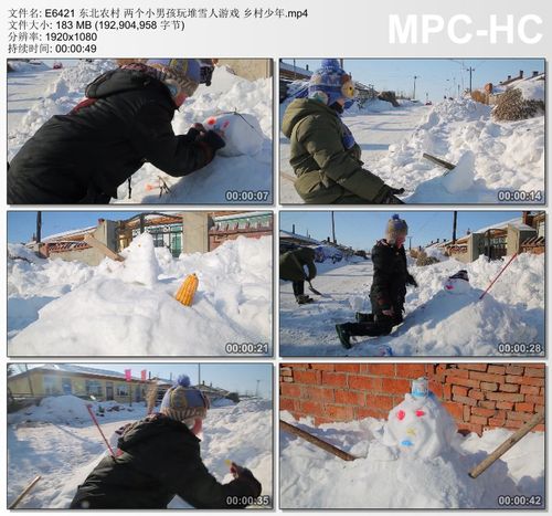 东北农村两个小男孩玩堆雪人游戏 乡村少年 高清实拍视频素材