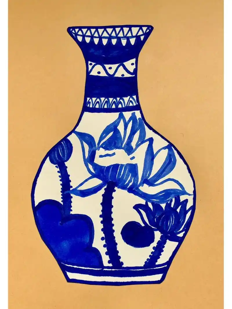 青花瓷创意儿童画花瓶,小学生作品  小学三年级,四年级的绘画作品,青