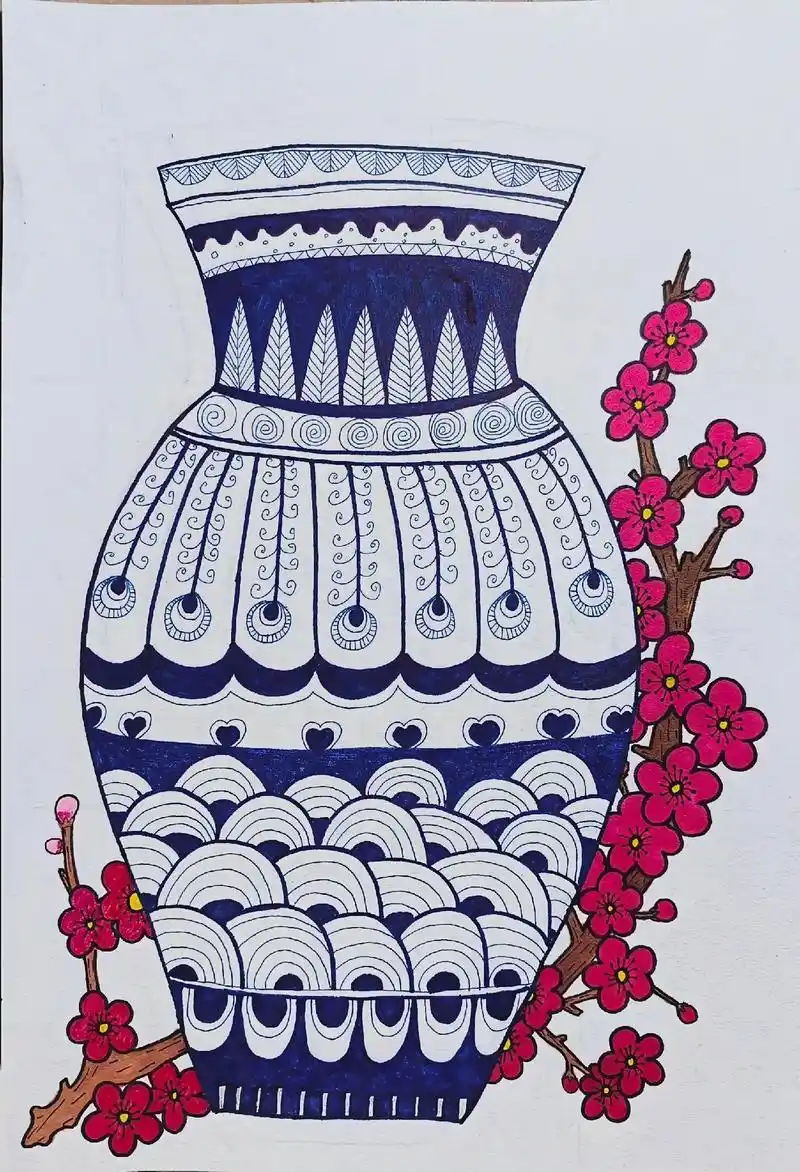 青花瓷创意线描画,疫情在家哪里也不敢去,收藏起来自 - 抖音