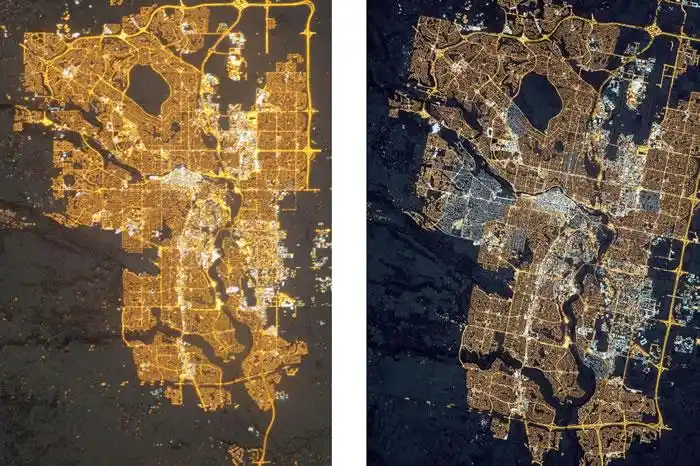 上方这两张加拿大卡加立的卫星影像,由国际太空站摄于2010年(左)与