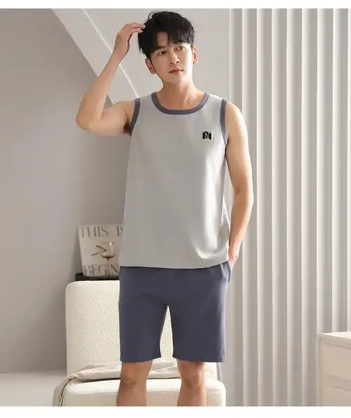 夏季新款纯棉男士背心短裤套装睡衣简约运动休闲男家居服 - 17网