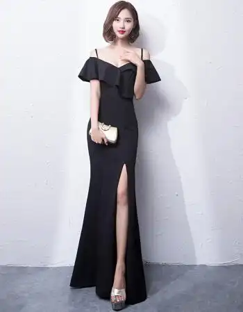 晚礼服2018新款时尚端庄大气性感开叉长款一字肩晚宴礼服裙女 黑色 s