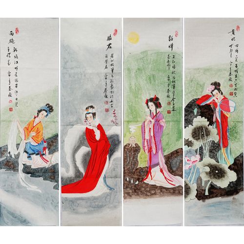工笔仕女女图美人四大美女杨贵妃貂蝉昭君西施国画