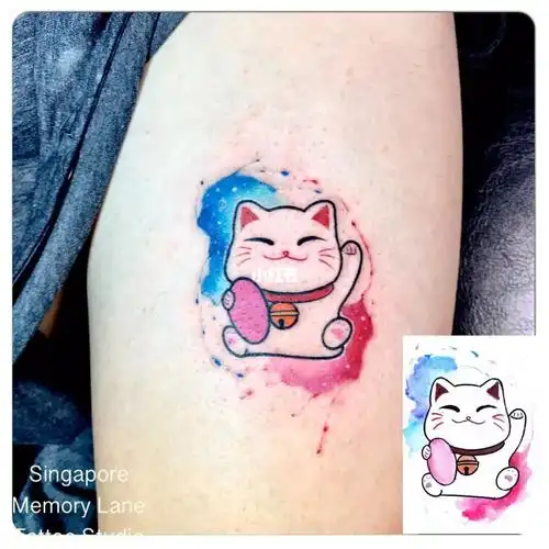 可爱的招财猫水彩小纹身