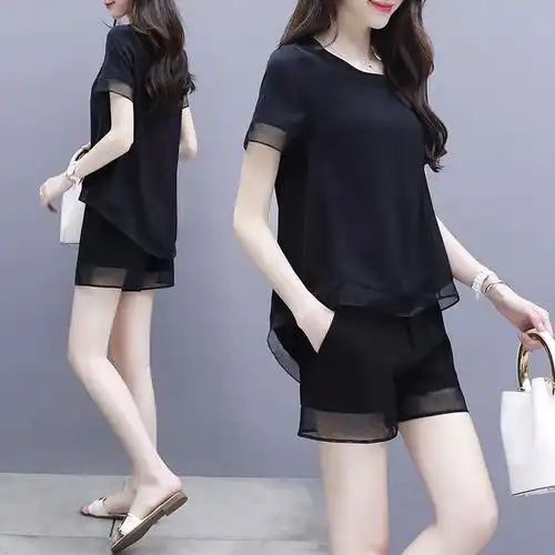 2021套装新款女装夏季时尚上衣小个子雪韩短裤纺两件套版短袖休闲