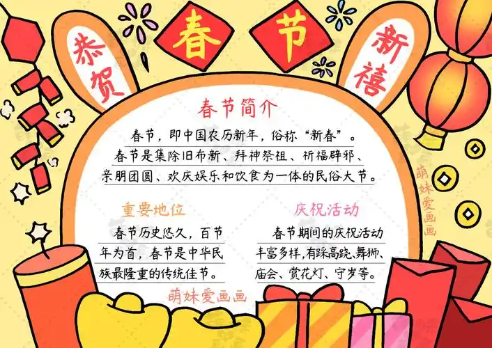 第二款春节手抄报:恭贺新春我们用简单的几何形和灯笼元素绘制的手