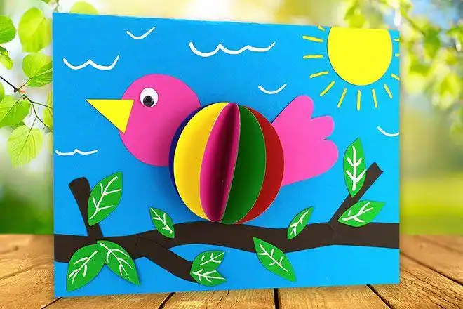 怎么用彩色卡纸手工制作立体小鸟拼贴画