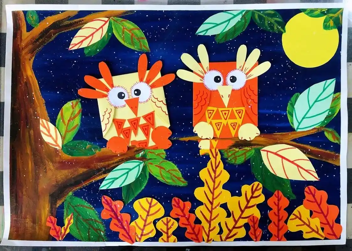6-9岁儿童创意手工画——《可爱的猫头鹰》 【情景描述】 天黑了,小