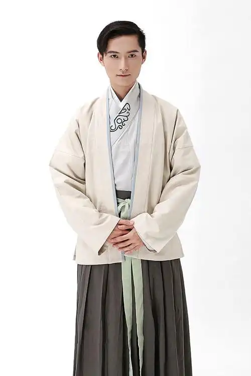 重回汉唐 原创设计正规日常汉服男装米色棉麻男式短褙子单品上衣-淘宝