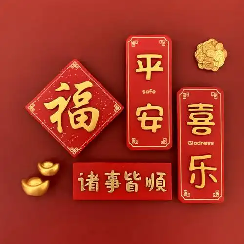 中国风新年福字冰箱贴 平安喜乐磁铁对联 牛年牌匾文字春节装饰贴