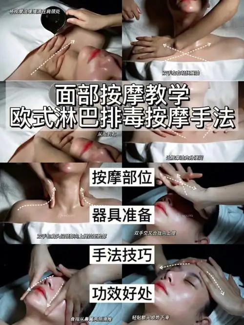 让按摩油充分浸润96双手包肩头沿颈部向上提拉至脸部,食指从鼻翼
