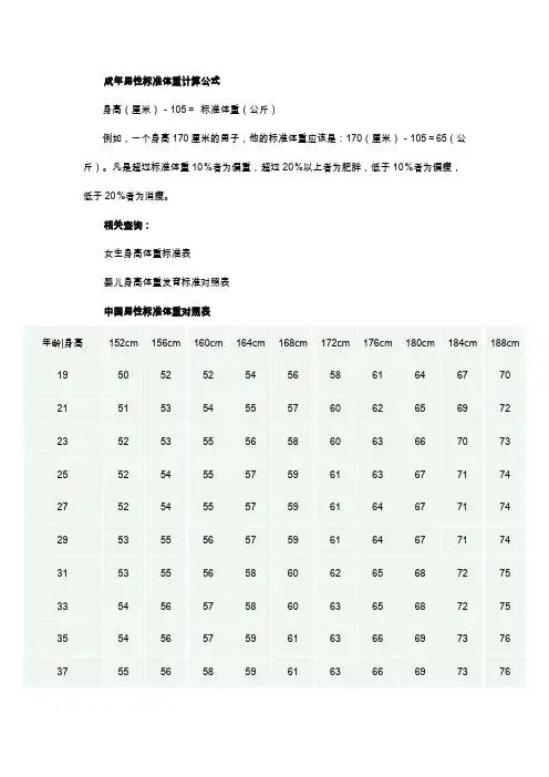 成年男性标准体重计算公式身高(厘米)-105=标准体重(公斤)例如,一个