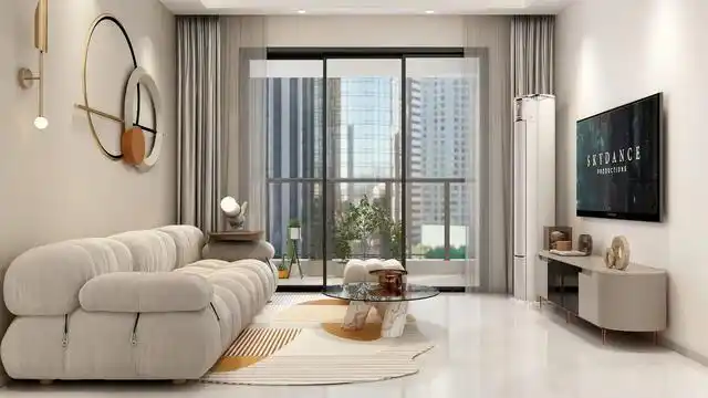 整个客厅空间是现代奶油风格,地面采用白色瓷砖,墙面采用奶咖色的墙纸