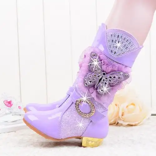 女童女孩公主爱莎冬天皮鞋儿童高跟鞋8岁靴子皮靴