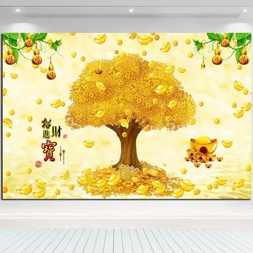 黄金满地招财进宝百业兴旺客厅五福临门别墅酒店摇钱树金山丰收图
