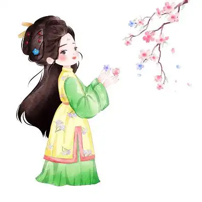 卡通美丽新娘开心的手捧鲜花高清素材婚纱古风少女复古中国风国潮古装