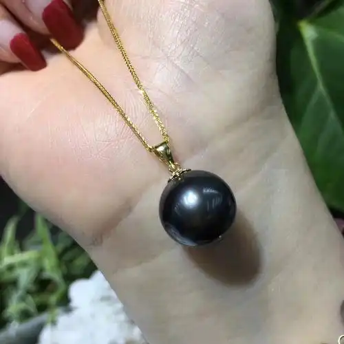 天然大溪地海水黑珍珠项链18k金吊坠简单款加粗链正品女qj035