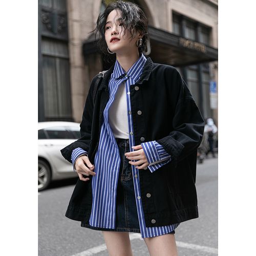 觅定黑色工装牛仔外套女春夏秋季百搭宽松韩版春装新款小众