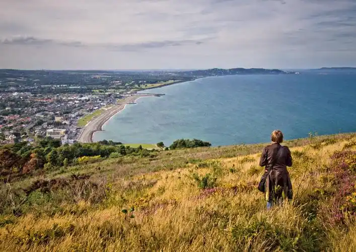 仅一个女性,仅一个人,海岸线,景观,云,草,背面,风景,天空,自然,景色