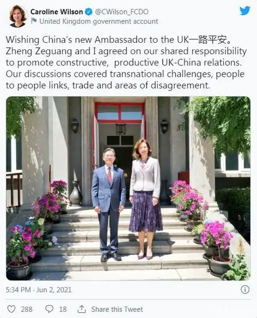 中国新任驻英大使将上任, 英国女大使推特发合影