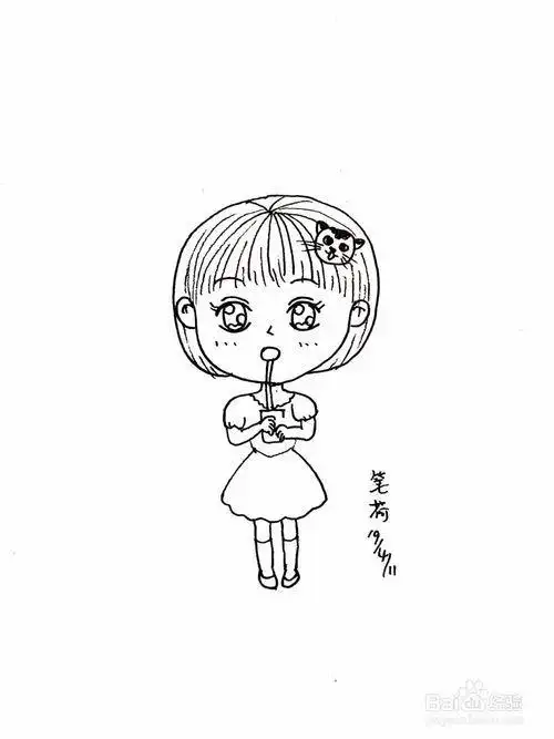 女孩短发带零食简笔画