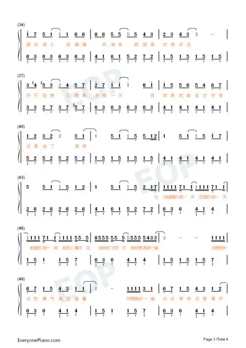 晴天-原调简单版-周杰伦双手简谱预览3