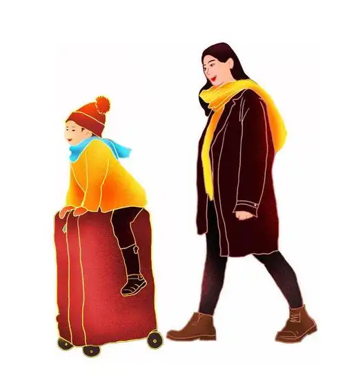 春节春运回家的妈妈和孩子手绘插画8898429psd图片免抠素材