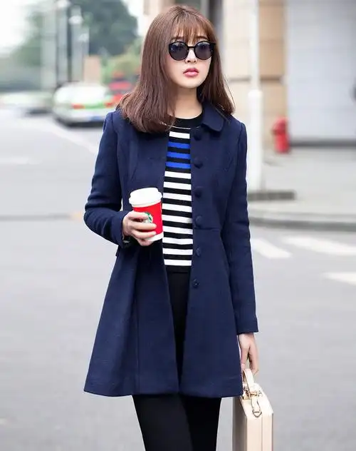 藏蓝色甜美蝴蝶结小翻领收腰羊毛大衣