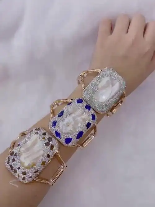 天然巴洛克珍珠手镯  欧美新款天然碧玺镶嵌捷克钻变色电镀首饰品