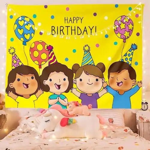 生日背景布生日快乐挂布可爱卡通派对装饰布网红墙布挂毯代发 图片