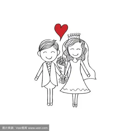 插图的婚礼夫妇与婚纱.手绘插图.