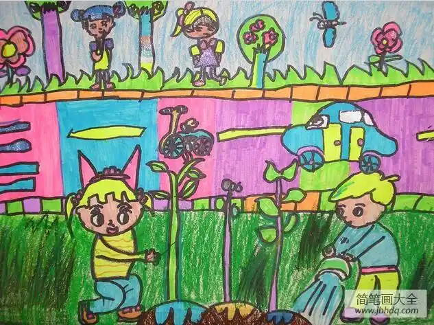 植树节三年级画作品之种树活动人人参与_清明节儿童画-画画图片大全