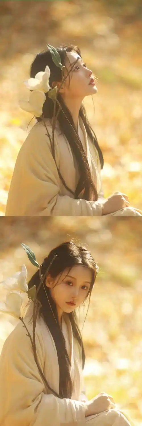 姜贞羽古风写真,撑伞执花,素雅纯净,意境朦胧唯美,氛围感满满_落叶