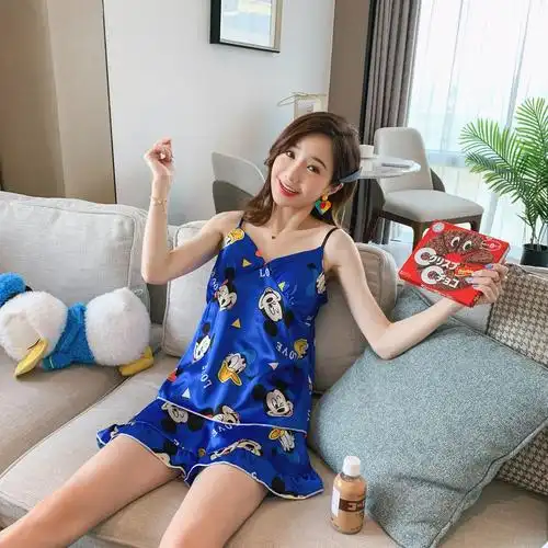 性感吊带睡衣女夏宽松清新学生背心短裤仿真丝面两件套装家居服