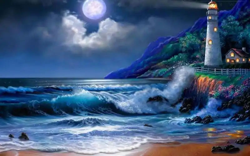 海,灯塔,夜晚,月亮,图片 - 真棒壁纸