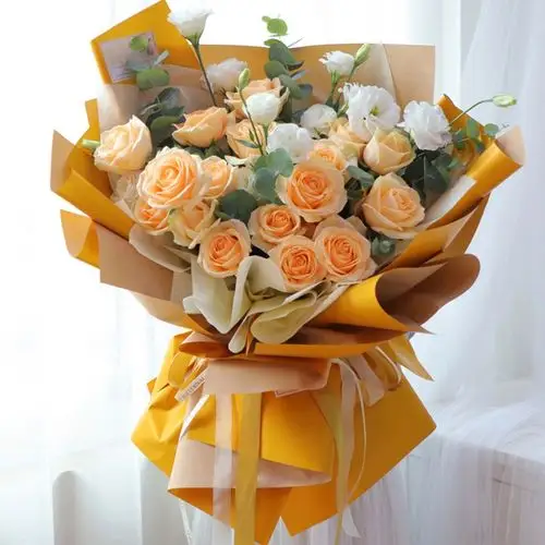 静静守候-19朵香槟玫瑰韩式花束