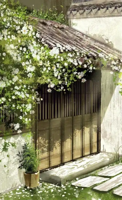 古风庭院,花草插画,古风背景图