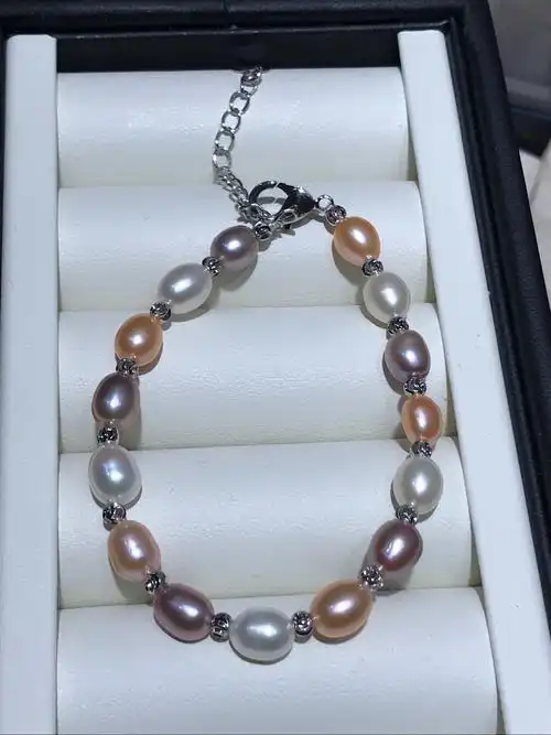 6-7毫米强光米形天然七彩珍珠手链 光泽亮 多色混合 真品珍珠饰品