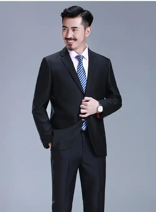 男士商务休闲职业装结婚礼服西装男正装藏青色两扣不开叉230偏黑175b