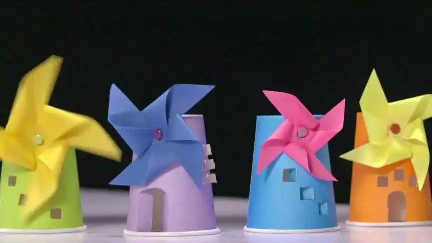 幼儿手工:纸杯和彩纸做个荷兰风车,纸杯风车呼呼转起来了