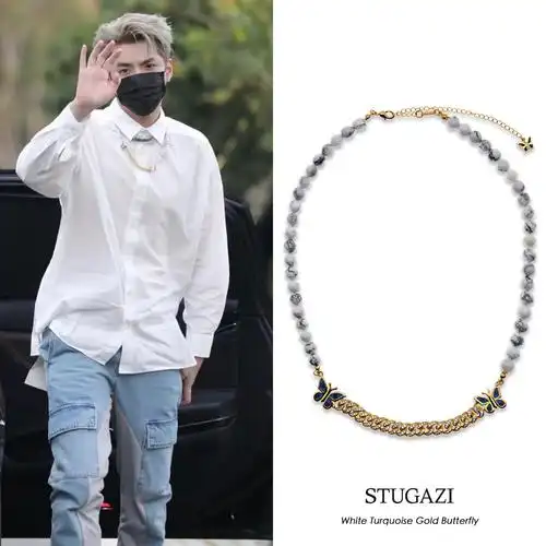 stugazi颈链饰品同款亦凡吴亦凡蝴蝶绿蝴蝶珍珠翡翠项链