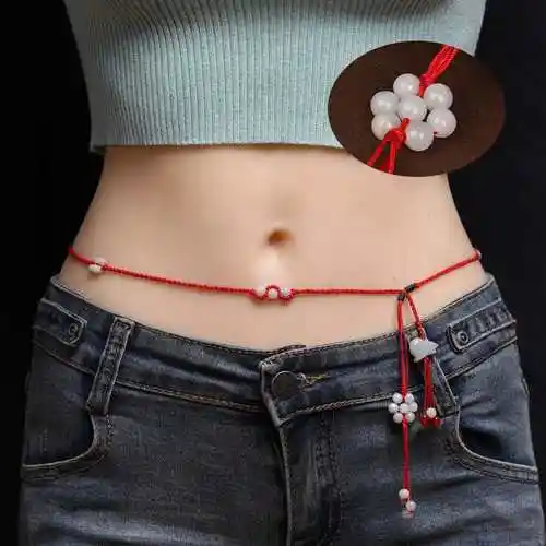 湘歌 翡翠生肖虎牛年红绳腰链女手工编织平安扣红腰绳本命年腰带男