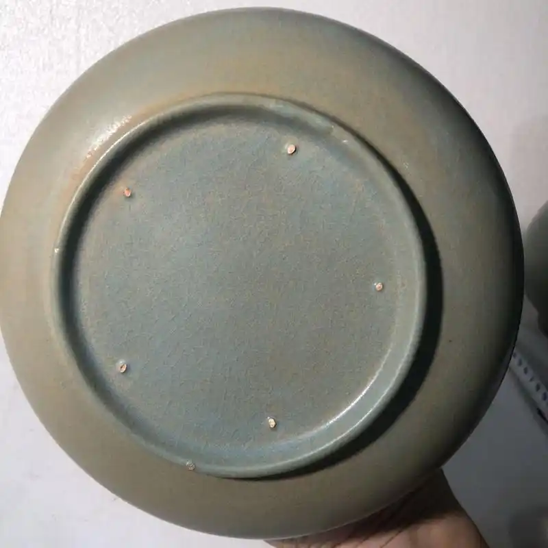 北宋出土土沁官汝窑双贯耳蝉翼纹开片大肚荸荠赏瓶(古董)欣赏