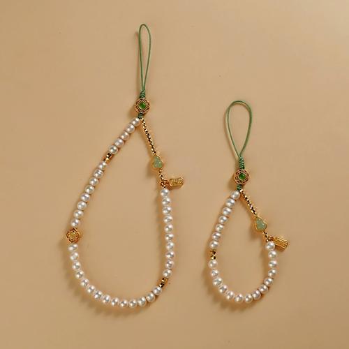 原创小众设计天然珍珠手机链挂件手腕挂绳小清新绿色高级文艺温婉