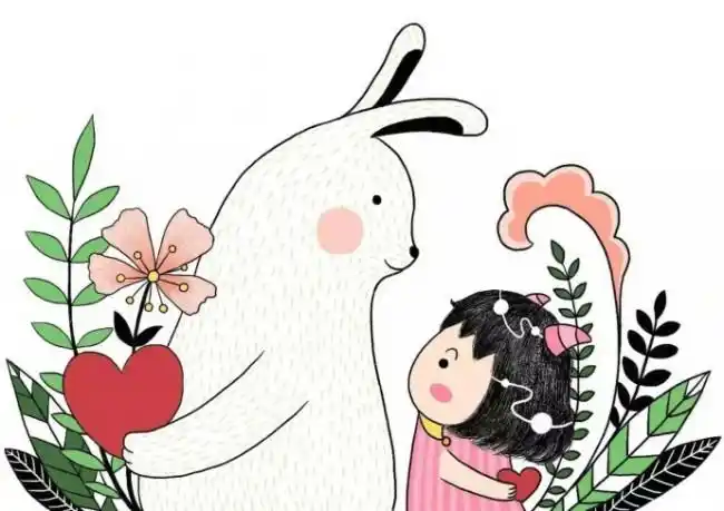 可爱又温馨的小女孩和兔子治愈系插画图片 画风有点童真是很有爱