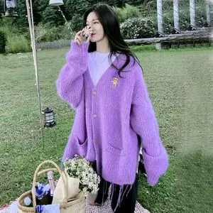 紫色开衫毛衣粗线