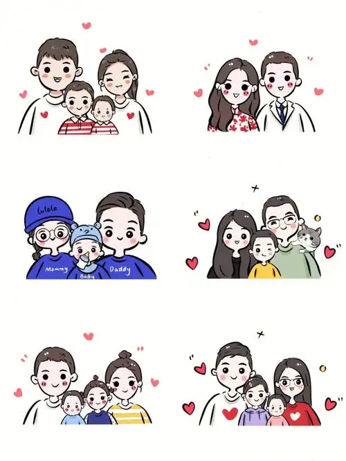全家福简笔画手绘头像可可爱爱一家人