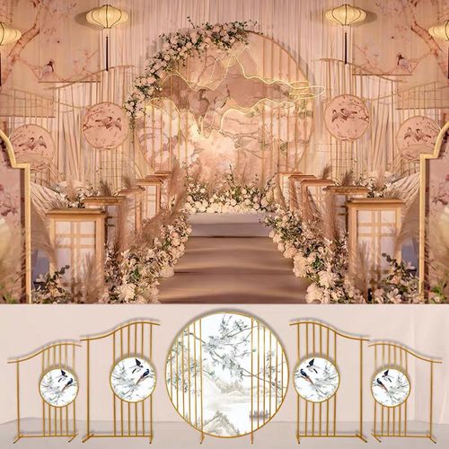 婚庆新中式铁艺拱门绮梦屏风灯笼路引中国风婚礼舞台背景装饰摆件